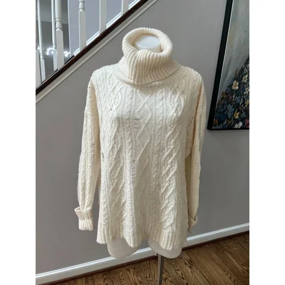 Free People Complex Oversize Cable Knit Distressed Alpaca Cowl Sweater Size S - Picture 2 of 5